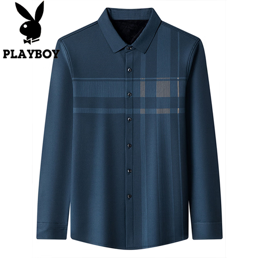 Playboy (PLAYBOY) camisa de manga larga para hombre cálida más terciopelo engrosamiento otoño e invierno nueva moda de negocios casual camisa a cuadros sin costuras sin planchar ZG22803 negro XL recomendado 135-150 Jin Jin equivale a 0,5 kg