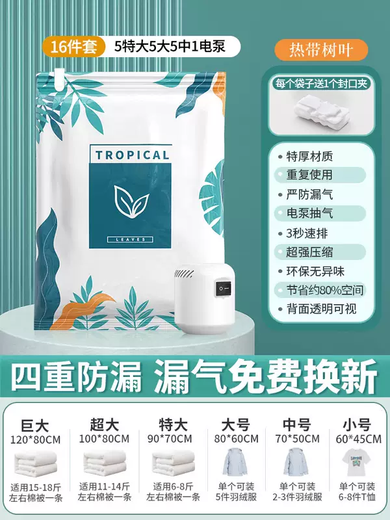 Yusenyi Vacuum Compression Bag Exhausts and Thickens Household Nordic Style PA+PE High Density Compression Bag for Down Jacket Storage 16-piece Set for Whole Family Storage (5 Extra Large - 5 Large - 5 Medium) - 1 Electric Pump