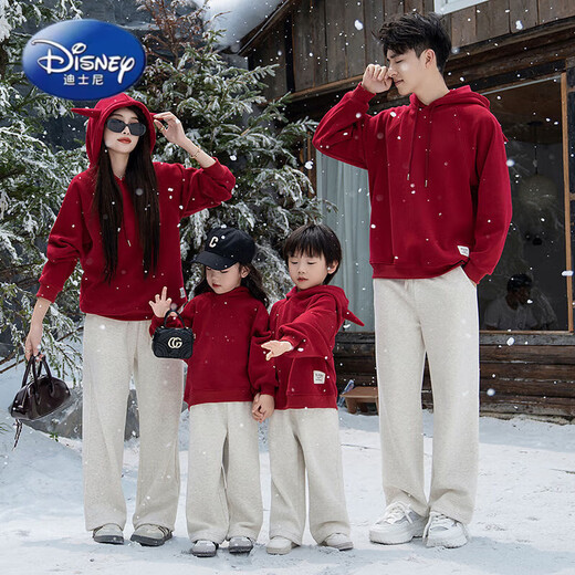 Disney parent-child sweatshirts plus velvet and thickening for mother and daughter 2025 new autumn and winter New Year's greetings for a family of three or four Western-style suits plus velvet red hat 150