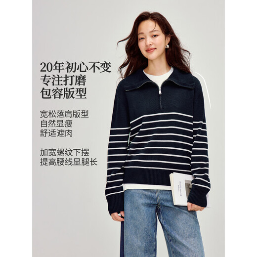 INMAN Retro Striped Large Lapel Zipper Sweater 2026 Spring Women's New Simple Knitted Sweater Blue and White Stripes S