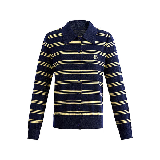 Daimashi Shopping Mall's same style 2026 spring new classic striped comfortable blended wool knitted cardigan for women, navy blue L