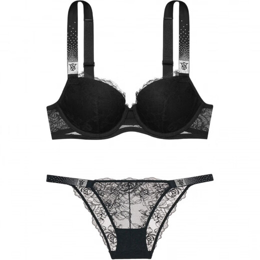 Victoria's Secret Letter V-shaped Fixed Double Strap Bra Low-Waist Triangle Underwear Set Women's Set (Black) S 32D+(70D+S)