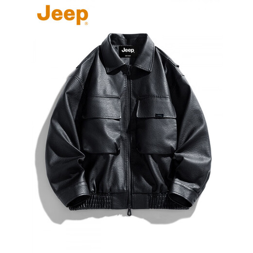 JEEP SPIRIT高端美式PU皮衣外套男款季2025新款宽松休闲百搭机车服夹克 黑色  M 120-150斤