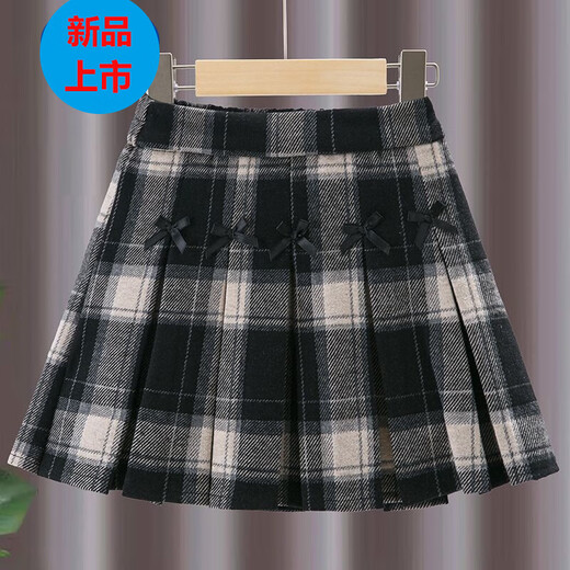 G.duck Girls Skirt Pleated Skirt Autumn and Winter 2025 New Children's Style Versatile Plaid Skirt Girls Skirt Autumn Horizontal Butterfly Woolen Skirt - Black and Gray Plaid 120