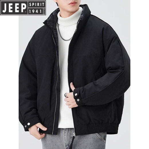 JEEP吉普立领羽绒服男士加厚工装防寒服男装冬季新款高端拼接保暖外套 黑色 2XL 135-155斤