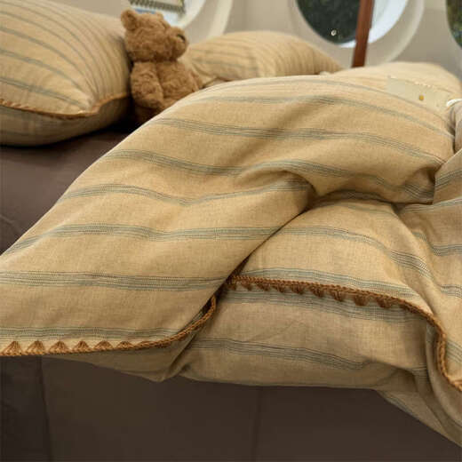 Yusenyi double-layer yarn elegant brown striped four-piece set 15m18m soft loose YAG double-layer yarn British gentleman bed sheet set bed sheet style 2.0m bed four-piece set/applicable 220x240cm