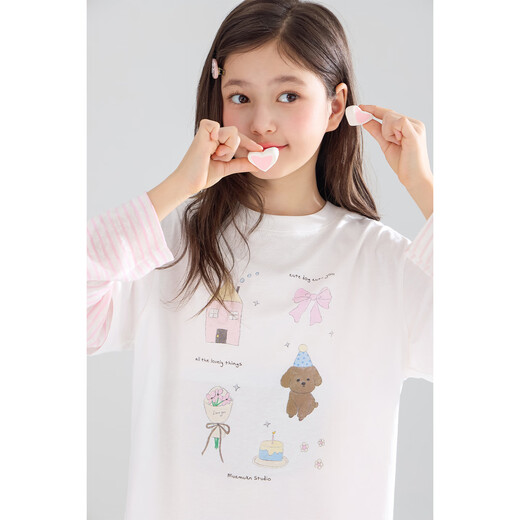 Mucmukn Frühlingsparty-Leinen + Lyocell + Baumwolle, originales, handbemaltes, bedrucktes, gefälschtes zweiteiliges T-Shirt für Mädchen, rosa und weiße Streifen, 150 cm