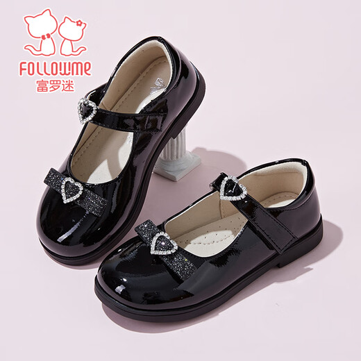 Fuluo Mi Girls Leather Shoes Spring and Autumn Sweet and Style Princess Shoes Little Girls Soft Sole Breathable Square Mouth Single Shoes Shadow Black 37