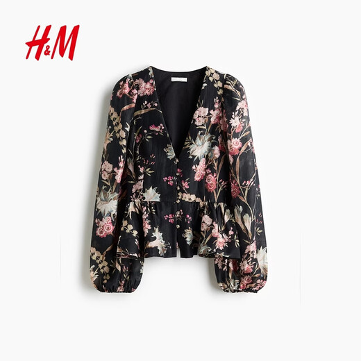 H&M2026 Spring New Women's Linen Blended Skirt Hem Top 1321285 Black/Floral XS 155/80