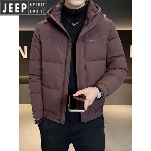 JEEP吉普可拆卸连帽羽绒服男款冬季2026新款防寒服修身保暖外套男士潮 咖啡色 M 推荐90-105斤