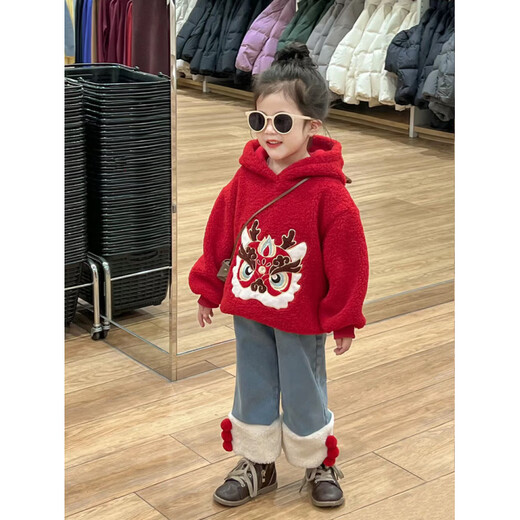 HAL.DUCK girls autumn and winter velvet sweatshirt 2026 new children's red hooded jacket boy baby fashionable jeans suit red sweatshirt sweatshirt velvet 130 cm