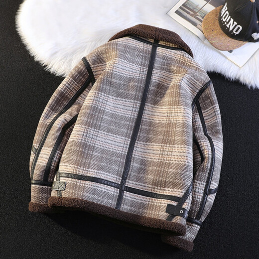 GENIUS international first-line brand plaid fur all-in-one jacket for men 2025 new winter warm plus velvet thickened jacket brown plaid M 90-115Jin Jin equals 0.5 kg