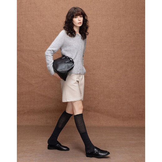 Demana gentle sheep wool round neck cardigan women's spring and autumn new style temperament pearl button velvet sweater top