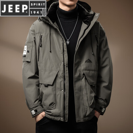 JEEP SPIRIT new 90 duck down outdoor workwear down jacket men's autumn and winter loose thickened warm hooded jacket men's gray green M suitable for 110-130Jin Jin equals 0.5 kg