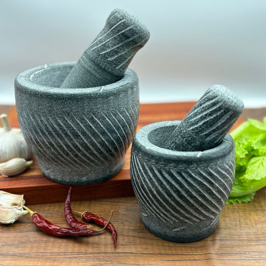 Garlic masher, stone mortar, garlic mortar, traditional Chinese medicine grinder, bluestone garlic press, garlic mortar, pepper pounding bowl, small bowl-shaped carving with lid (for 13 people)