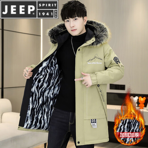 JEEP SPIRIT parka men's jacket plus velvet thickened jacket men's winter cotton coat mid-length windbreaker warm coat cotton coat khaki plus velvet and thick M about 80-100Jin Jin equals 0.5 kg can be worn