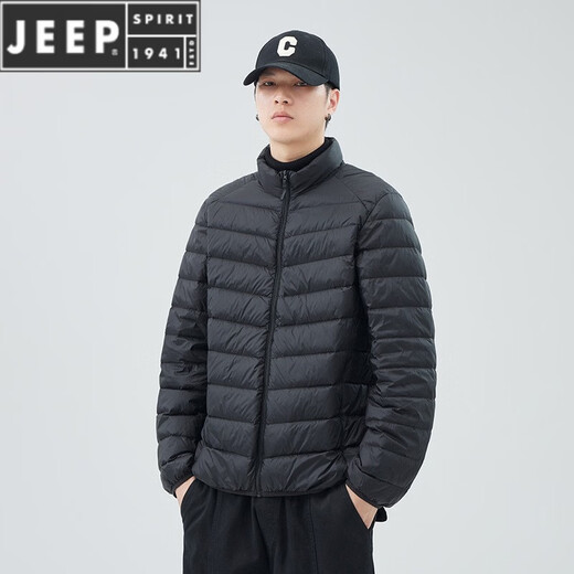 JEEP SPIRIT短款轻薄便携羽绒服男士2025冬季新款鸭绒立领保暖排骨内胆外套潮 黑色 M 适合90-110斤