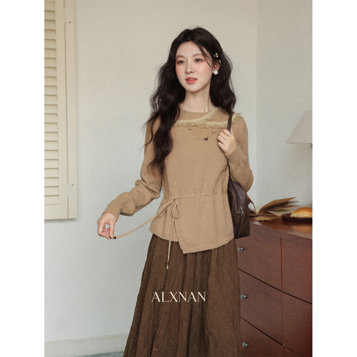 Lu Xiangnan design khaki irregular sweater women's autumn and winter waist knitted sweater top khaki sweater L