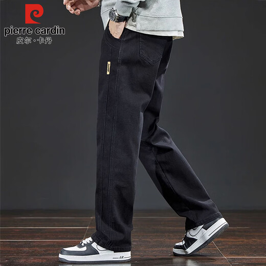 Pierre Cardin jeans men's autumn and winter retro loose straight pants men's elastic casual long pants black regular 32