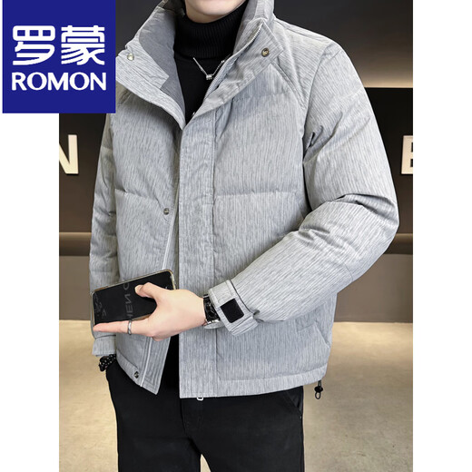 ROMON 90 White Duck Down Light Thin Down Jacket Men's Winter 2025 New Style Handsome Dark Pattern Warm Coldproof Jacket Stand Collar Jacket Men Gray M