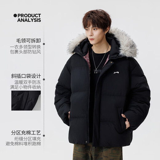 Guirenniao hooded down jacket for men in winter, thickened and warm fur collar parka coat, couple windproof cotton-padded jacket, navy M