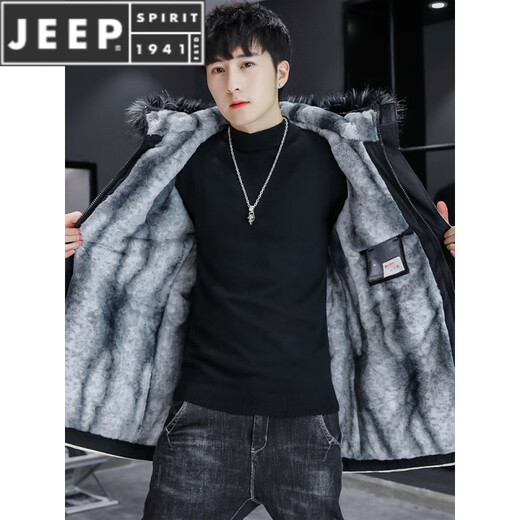 JEEP SPIRIT winter velvet jacket men's trendy Korean style windbreaker mid-length thickened warm parka cotton winter coat 101 black red M