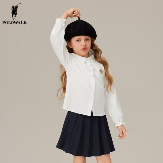 POLOWALK children's clothing girls long-sleeved shirt 2025 autumn new versatile casual middle and large children's lapel top white 120 120cm