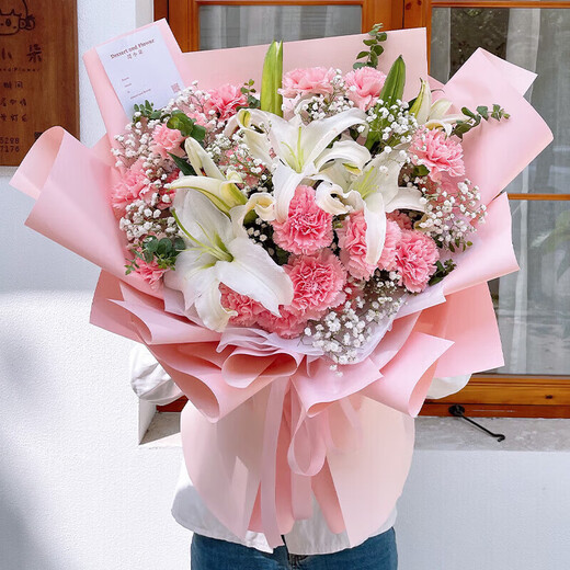 Flower Express red roses and lilies bouquet for girlfriend and wife's birthday gift nationwide delivery in the same city 19 pink carnations and white flowers