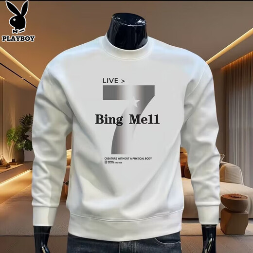 Playboy (PLAYBOY) autumn and winter round neck velvet sweatshirt men's fashionable casual youth warm long-sleeved trendy brand loose sports bottoming shirt white XL