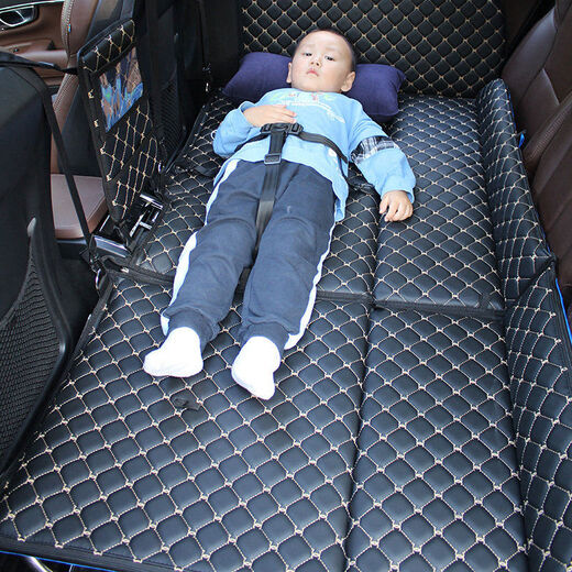 Car rear seat folding bed, car rear sleeping mat, children's car travel mattress, stroller sleeping artifact, double-sided standard French classic leather black and blue fat Oxford cloth + Mazar