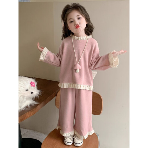 Wooden house girls spring and autumn fashionable sweatshirt set 2026 new baby autumn Korean style fashionable wide-leg pants two-piece set pink 140