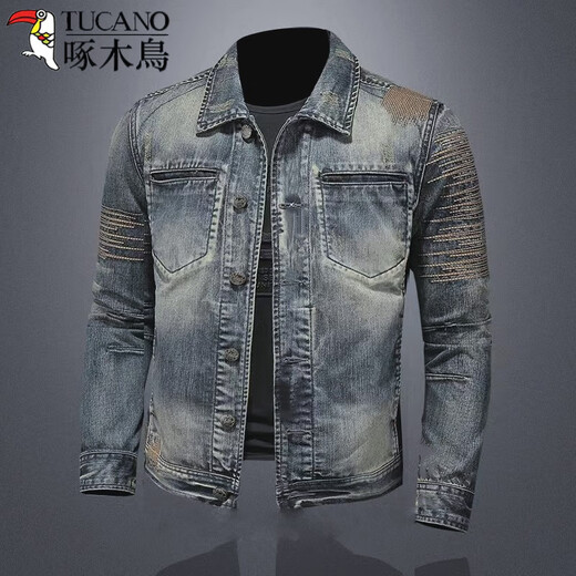 Дятел (TUCANO) Американская джинсовая куртка с маркировкой в ​​стиле ретро, ​​мужская корейская тонкая модная марка европейского и американского уличного ночного клуба, велосипедная мотоциклетная куртка, черная джинсовая куртка с двойным карманом XL