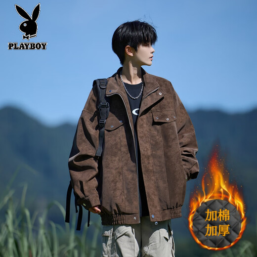 Playboy (PLAYBOY) Retro Leather Jacket Men's Spring, Autumn and Winter New High-end Handsome Jacket Men's Cotton Thickened Warm Top Men 89K1 Beige White Cotton Thickened M Recommended Height 165-170CM Weight 94-110Jin Jin is equal to 0.5 kg