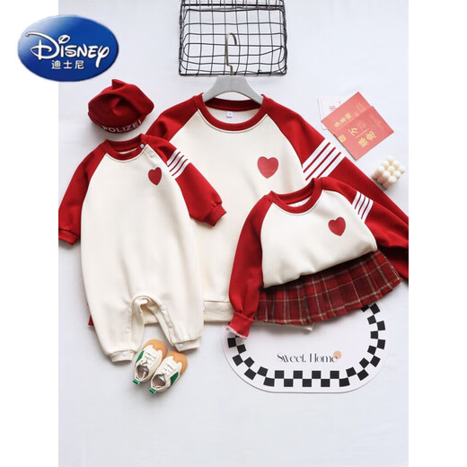Disney (Disney) red New Year parent-child clothing for small month-old babies 2025 new autumn and winter family of three, four, mother and child, mother and daughter, whole family, love, spring and autumn style 100 Adult M size 100-120Jin Jin is equal to 0.5 kg