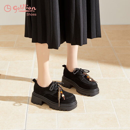 Goldlion Women's Shoes 2025 Autumn and Winter Thick Soled Loafers Retro Round Toe Lace Up Deep Mouth Small Leather Shoes G665540286 Black 37