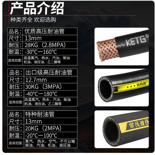 High temperature resistant rubber pipe, explosion proof high pressure hydraulic oil pipe, heat resistant steam water pipe, black diesel gasoline hose, special/high pressure water and gas pipe, inner diameter 19mm, 1 meter