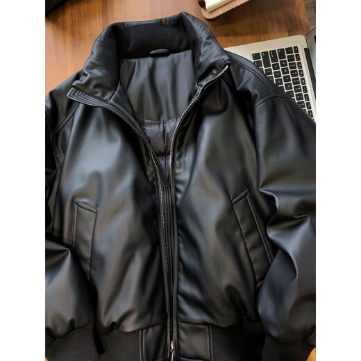 GENIUS international first-line brand plant protein soft leather thickened 90 white duck down motorcycle leather jacket men's winter new style black 90 white duck down warm and loose version M 90-120Jin Jin equals 0.5 kg