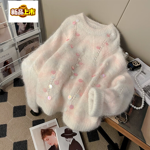 The initial diameter is super good-looking sequin sweater women's new winter soft and waxy loose lazy style pullover long-sleeved sweater top pink S