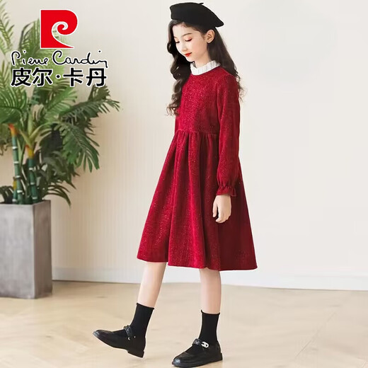 Pierre Cardin Children's Clothes Girls Dresses Early Spring Western Style Children's Princess Dresses for Big Children and Little Girls New Year's Dress Dresses Red 160