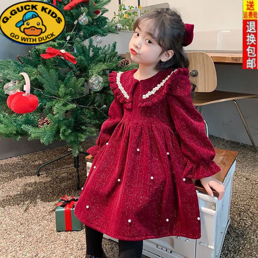 R.DUCKKIDS Children's Clothing Autumn and Winter New Year Baby New Year's Eve Clothes Girls' Thickened Velvet Princess Dress Girls' Dresses Festive Skirt Trendy Red (Thick Velvet) 130