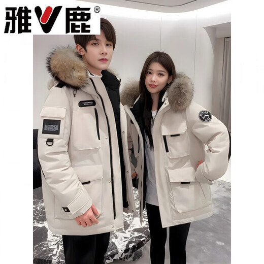 雅鹿男女中长款冬季新款大毛领户外加厚工装极寒派克服外套 燕麦色女 黑色女款 S 建议90-110斤