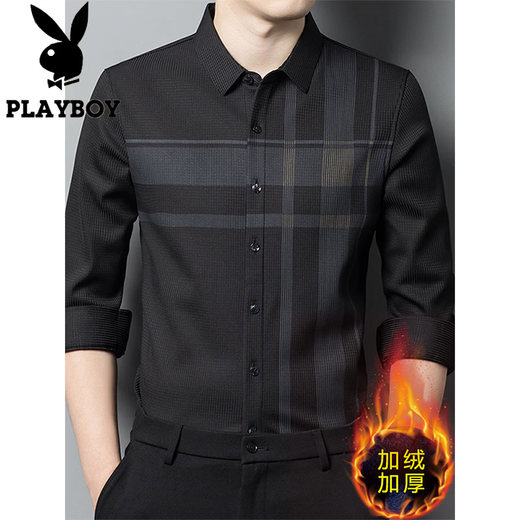 Playboy (PLAYBOY) camisa de manga larga para hombre cálida más terciopelo engrosamiento otoño e invierno nueva moda de negocios casual camisa a cuadros sin costuras sin planchar ZG22803 negro XL recomendado 135-150 Jin Jin equivale a 0,5 kg