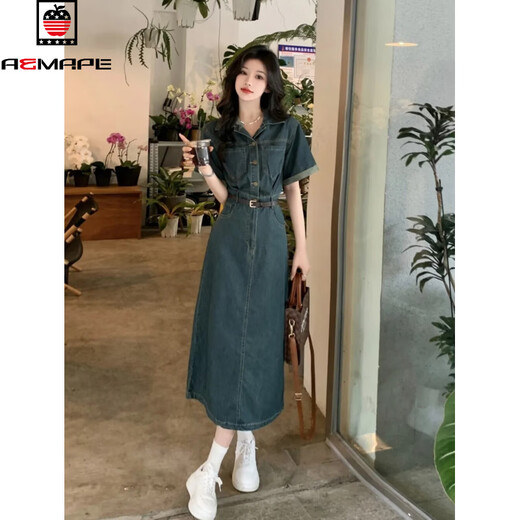 AEMAPE牛仔连衣裙女2025夏季新款小众设计高级感气质港味复古长裙子女装 MX-1-3201_复古蓝 XL