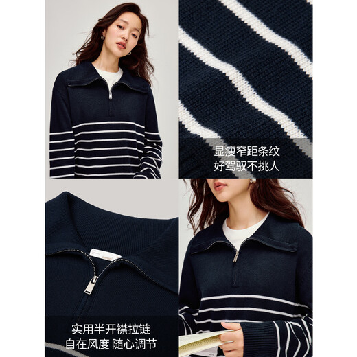 INMAN Retro Striped Large Lapel Zipper Sweater 2026 Spring Women's New Simple Knitted Sweater Blue and White Stripes S