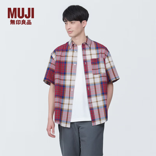 MUJI Men's Madras Plaid Button Collar Short Sleeve Shirt Men's Shirt Jacket Pure Cotton AC1W8A4S Red Plaid S (165/84A)