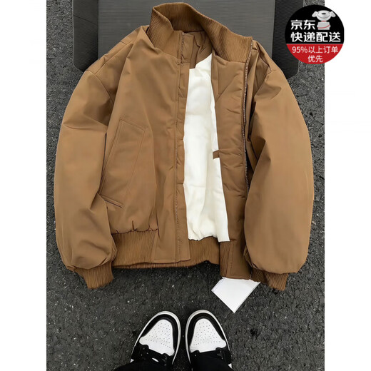 XUANSENTU Brown Stand Collar Bomber Jacket Cotton Jacket Men's Winter Maillard Workwear Cotton Jacket Short American Baseball Uniform HM25590 Brown Cotton Jacket L (Recommended 115-130 Jin Jin equals 0.5 kg)