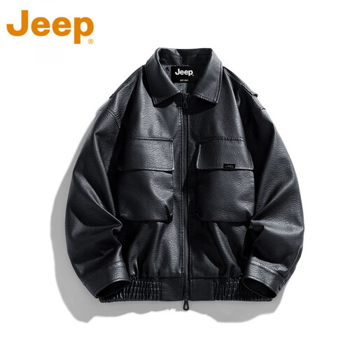 JEEP SPIRIT高端美式PU皮衣外套男款季2025新款宽松休闲百搭机车服夹克 黑色  M 120-150斤