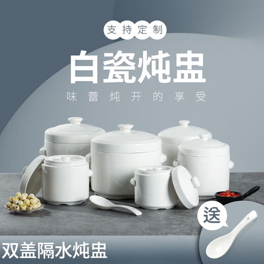 Xushansi bone china stew pot, bird's nest stew pot, water-proof ceramic stew pot, double lid crock pot, soup stew pot, household bowl, 1 pure white 400ML