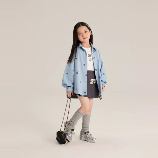 Children's shirts 2025 spring and autumn new style girls Korean style sweet all-over printed bow shirts baby tops and jackets trendy blue 170