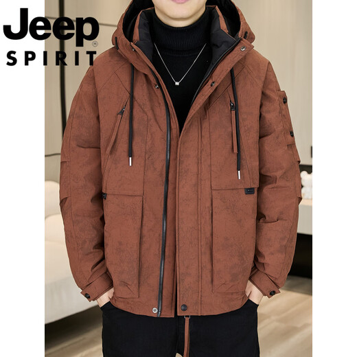 JEEP吉普国际品牌羽绒服男冬季2025新款加厚保暖连帽工装宽松休闲外套 砖红色 XL 建议120-140斤